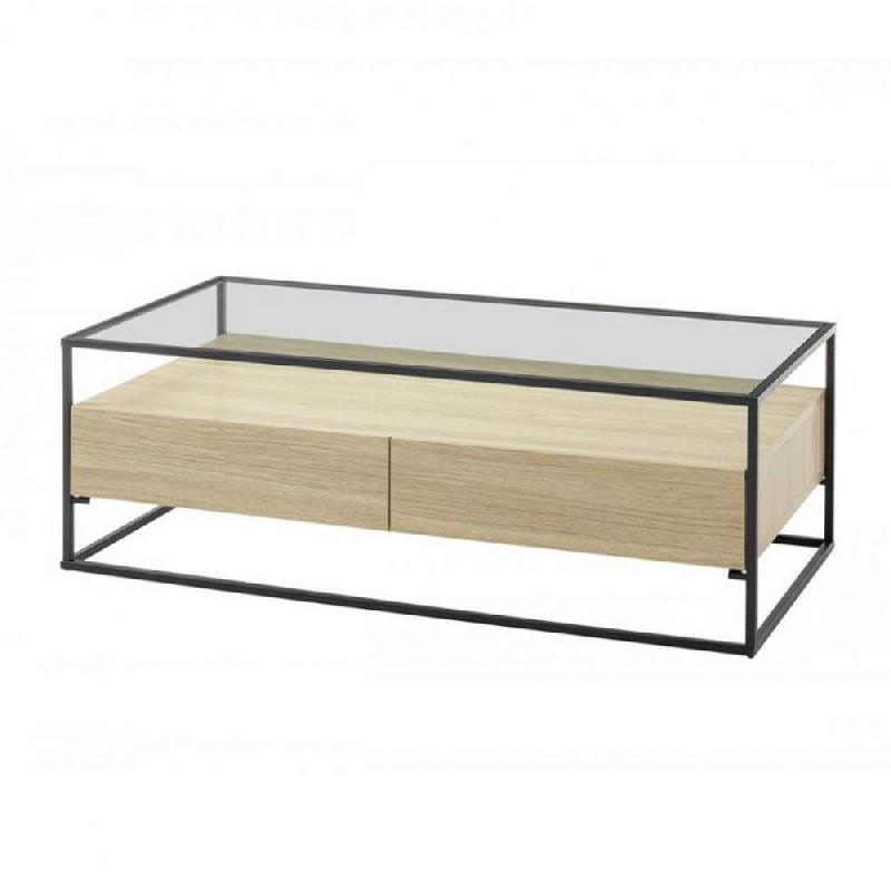 Table basse design Edmonton 120 cm - décor chêne, piètement acier époxy, plateau verre trempé, 2 tiroirs_0