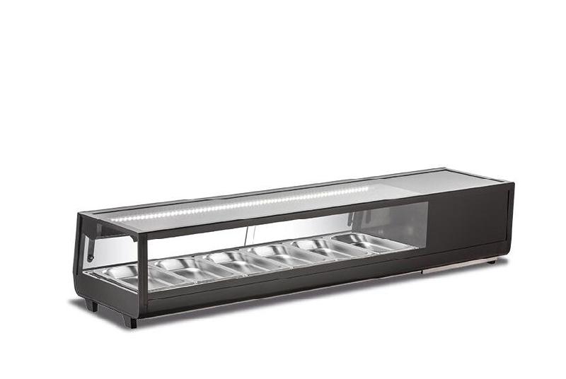 Vitrine réfrigérée pour sushi, éclairage LED, thermomètre numérique, dégivrage automatique, temp. 0°C/+6°C, dimensions 152,9x40,6x31,8 cm, SU_0