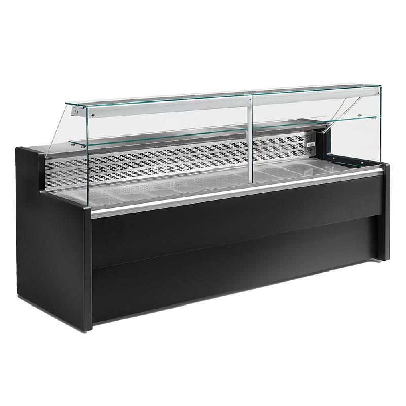 Comptoir vitrine réfrigéré à vitre droite 90°, avec réserve - NOIR, L2500mm_0
