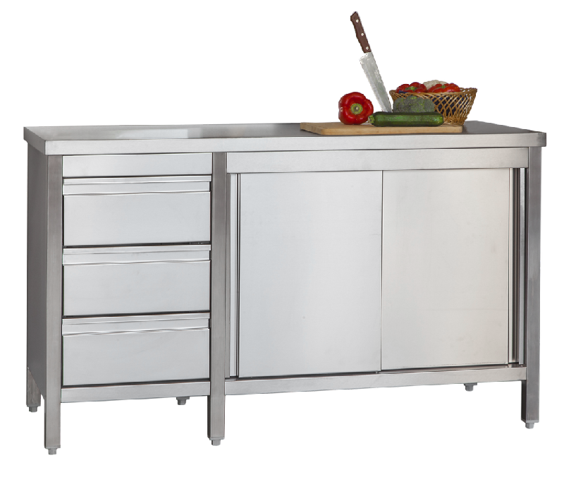 ARMOIRE DE TRAVAIL EN INOX PROFI AVEC PORTES BATTANTES ET 3 TIROIRS 1 400 X 700 X 850 MM