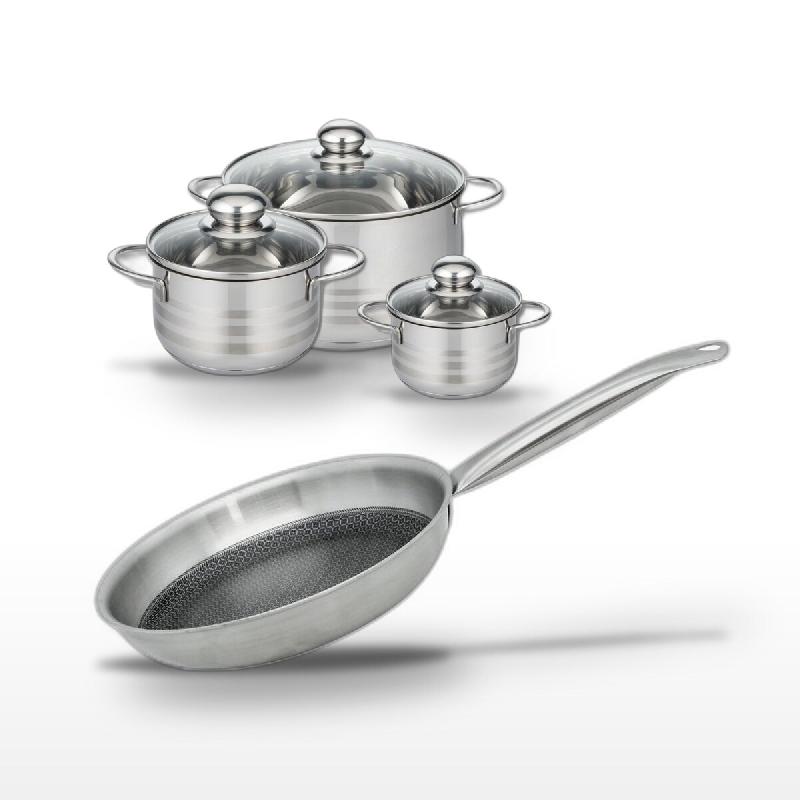 Batterie de cuisine avec 1 poêle de 24 cm et 3 faitouts 12/16/24 cm en inox sans PFAS Elo Collection Relief Solution Brillant - gris 3176239941586_0