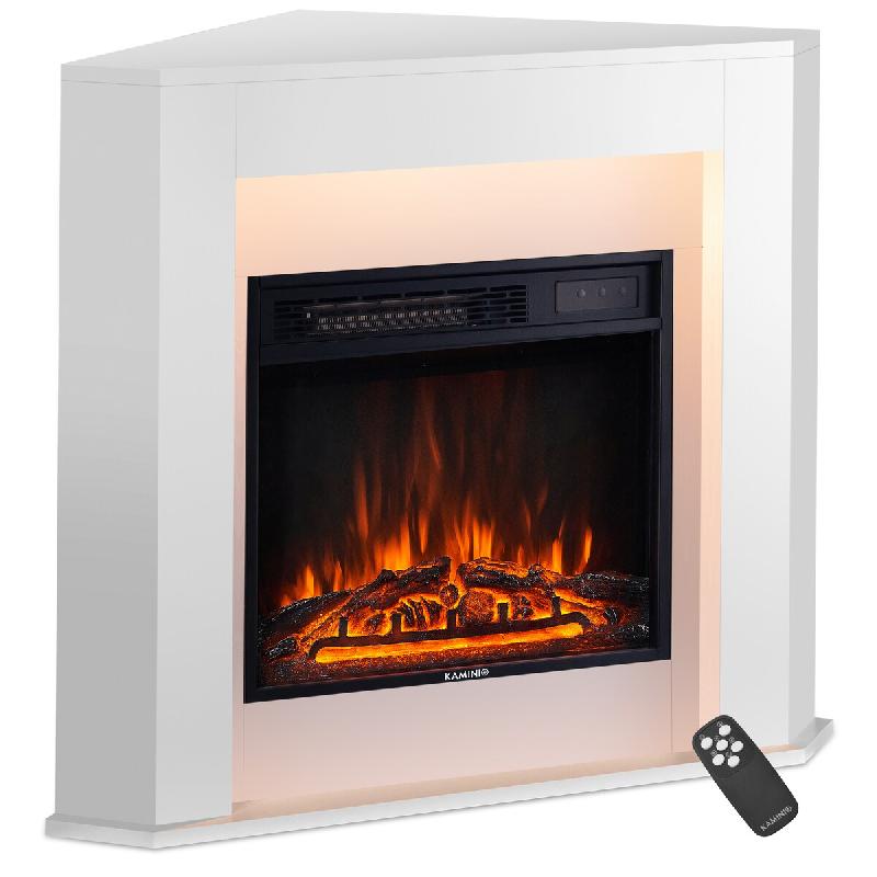 KAMINIO Cheminée électrique MATTI - Cheminée sur pied avec chauffage, effet de flamme 3D, lumière d'ambiance LED, télécommande - Angle, Blanc -_0