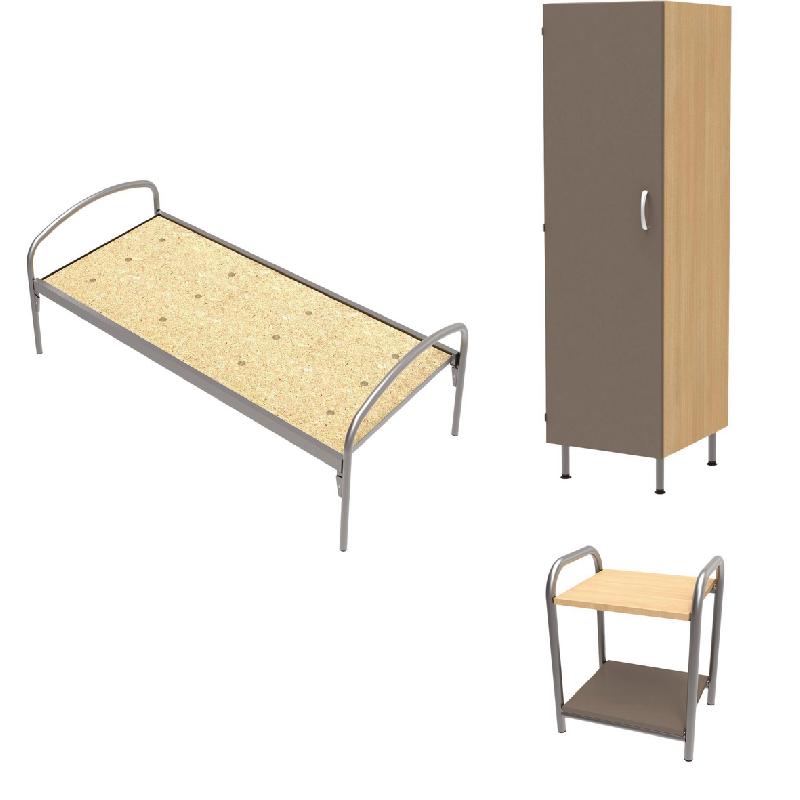 PACK THÉLIA LIT 80X190 SOMMIER AGGLO CHEVET + ARMOIRE CHÊNE CLAIR/TAUPE - MANUTAN COLLECTIVITÉS