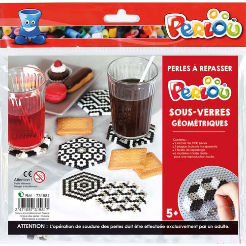 PERLES PERLOU A REPASSER - COULEURS ASSORTIES - 1 PLAQUE - 5 MODELES DESSOUS DE VERRE GEOMETRIQUE - KIT D'ACTIVITE DE 1500