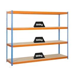 PROREGAL Étagère pour charges lourdes WOOD BEAST FOUR | HxLxP 200x210x45cm | 4 niveaux | Charge du compartiment 500kg | Bleu-Orange - gris métal PR_0