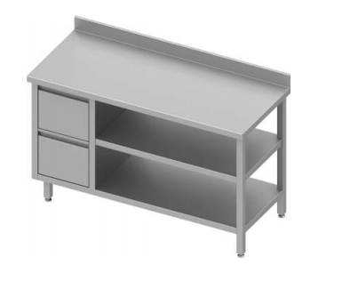 Table de travail inox adossée avec deux tiroirs  à gauche et deux étagères 1700x700x900 - 930287170_0