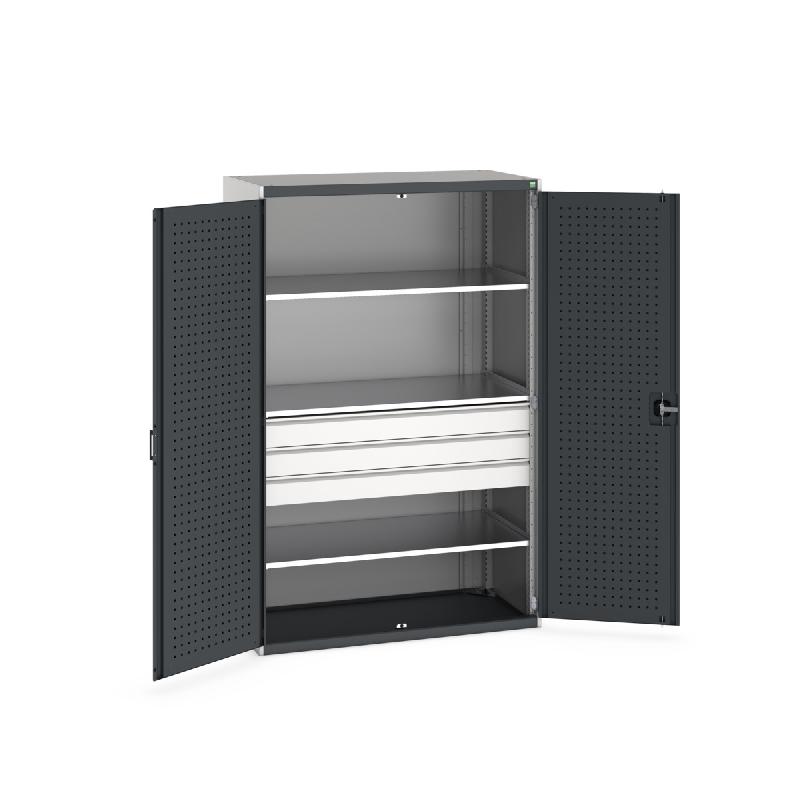 Armoire d'atelier Cubio SMF-13620 - Portes Perfo - 3 tablettes et 3 tiroirs - LxPxH : 1300x650x2000mm_0