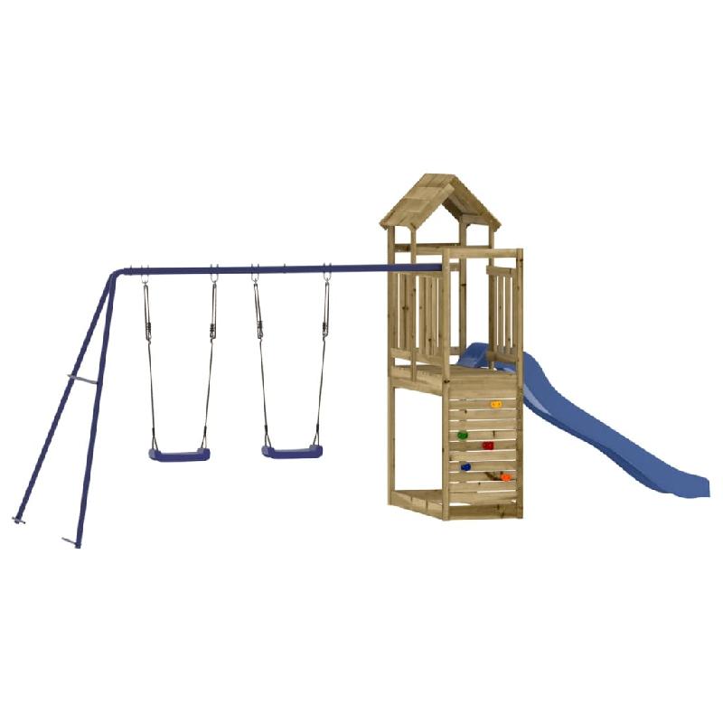 Aire de jeux d'extérieur en bois de pin imprégné - balançoires, toboggan ondulé, portiques robustes - 495 x 186 x 214 cm - Réf : 02_0004821_0