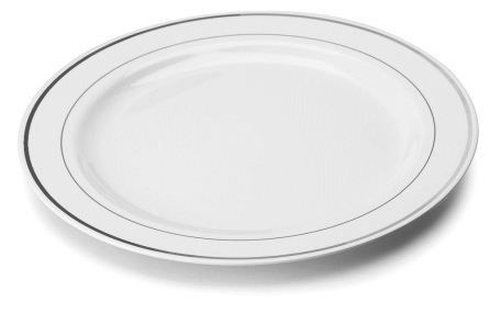 ASSIETTE PLASTIQUE RONDE BLANC LISERÉ ARGENT 19 CM (VENDU PAR 20)