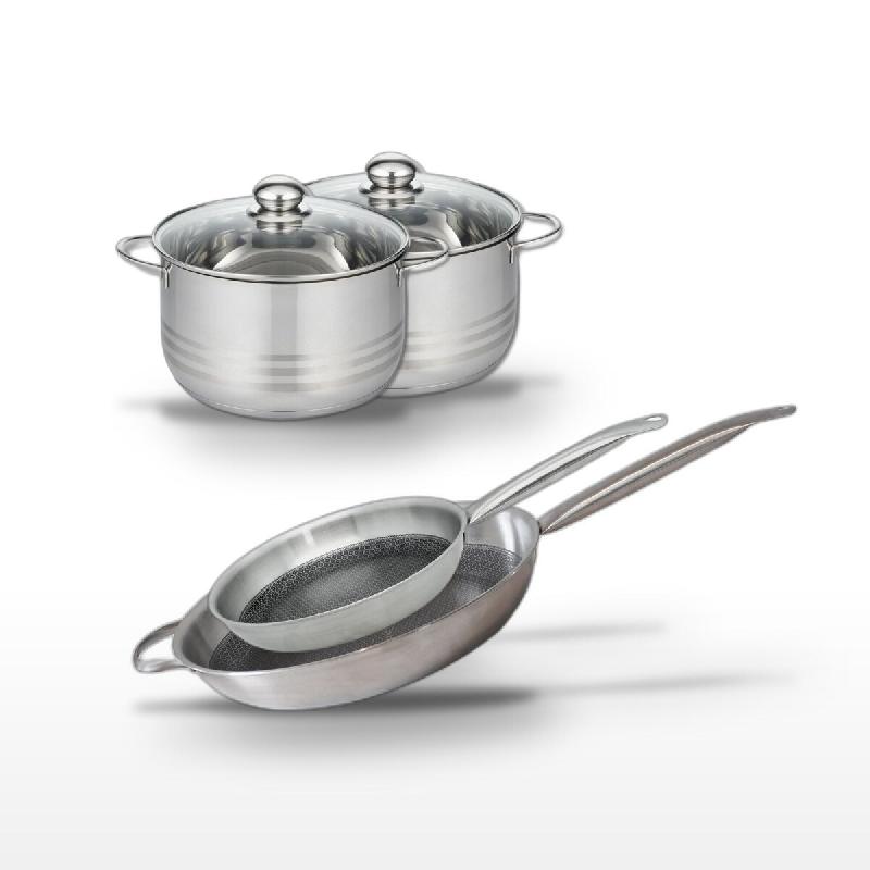 Batterie de cuisine avec 2 faitouts 20/24 cm et 2 poêles de cuisson 28/32 cm en inox et acier sans PFAS Elo Collection Relief Solution Brillant - gri_0