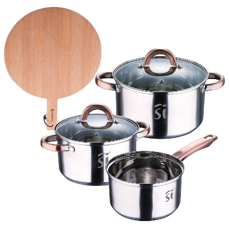 BERGNER - Batterie de Cuisine 5 Pièces en Acier Inoxydable Ø16/18/20cm Compatible Induction avec Planche à Découper Ronde 38×28×1,5cm en Bois de_0