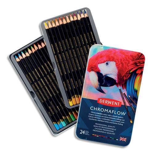 BOÎTE METAL DE 24 CRAYONS DE COULEURS DERWENT ACADEMY ''CHROMAFLOW'' - APPLICATION LISSE ET VELOUTEE - MINE DE 3,5 