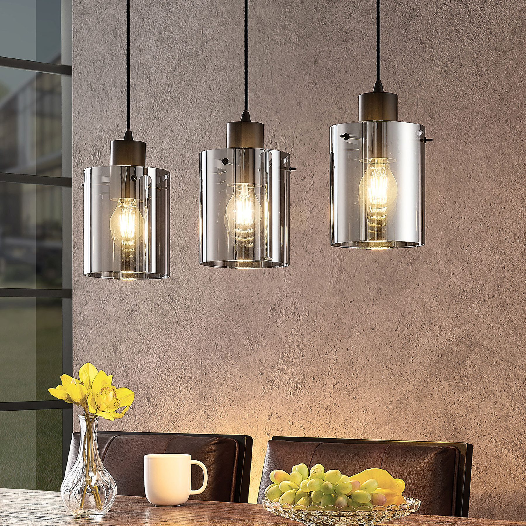 SUSPENSION LINDBY KOURTNEY, À 3 LAMPES, NOIR/GRIS, VERRE, E27