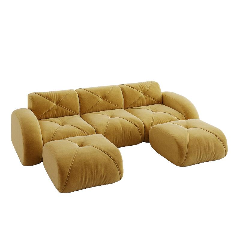 Merax Canapé modulaire 3 places avec 2 tabourets, canapé nuage avec accoudoirs ronds, chenille douce, sans cadre près du sol, canapé lounge, jaune_0