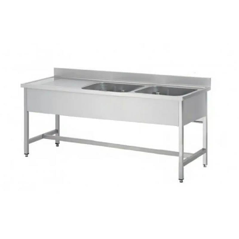 Plonge soudée sur pieds carrés sans étagère, inox ferritique, 2 bacs à droite, dimensions bacs : L 400 x P 400 x H 300 mm (Longueur, mm: 1400 - Réf F-_0