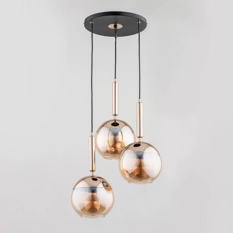 ALFA SUSPENSION VOLDA NEW, 3 LAMPES NOIR/DORÉ RONDE