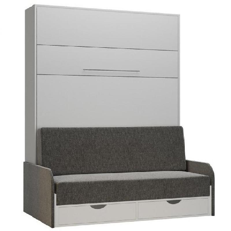 Armoire lit escamotable KOMPACT SOFA - Blanc mat - Canapé avec tiroirs et accoudoirs tissu gris - Couchage 140x200 cm_0