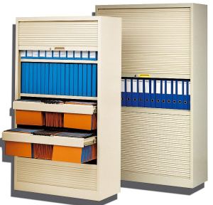 Armoire monobloc de bureau avec rideaux horizontaux - métal soudé - 4 tablettes - rideaux PVC à ouverture compensée_0