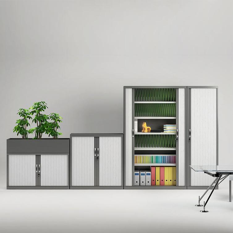 Armoire à rideau Galaxy basse L120 - structure monobloc en tôle laminée, 2 tablettes pour dossiers suspendus_0