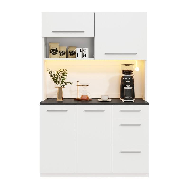 Merax buffet LED 120x40x180 cm, meuble haut de cuisine avec plan de travail, prise et USB, rangement, station café, blanc - blanc Bois manufacturé N_0