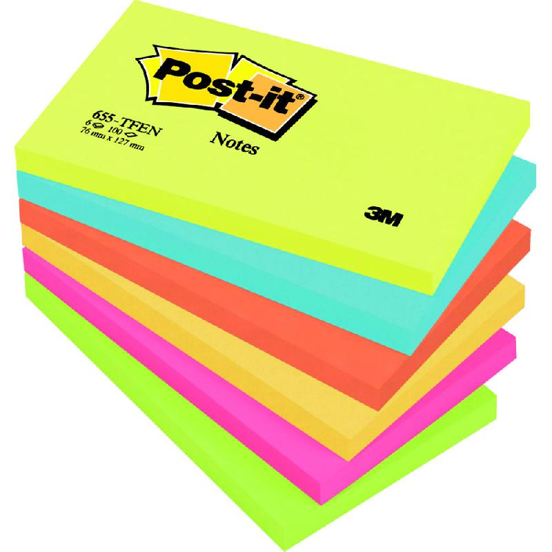NOTES REPOSITIONNABLES POST-IT ENERGIE 76 X 127 MM - COLORIS ASSORTIS - LOT DE 6 BLOCS DE 100 FEUILLES