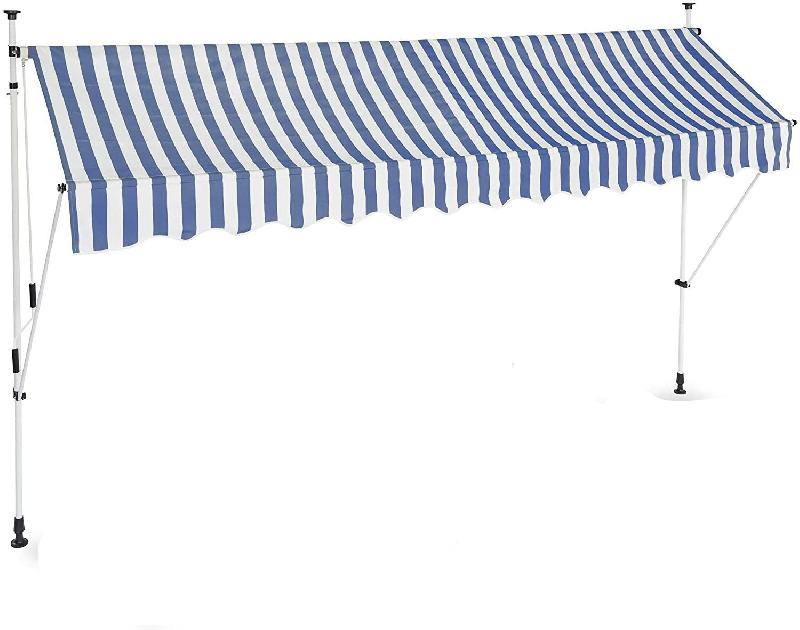 STORE BANNE TÉLESCOPIQUE DE BALCON MANIVELLE HAUTEUR RÉGLABLE RÉSISTANT UV POLYESTER ACIER 350 X 120 CM BLANC ET BLEU 13_0001620_2_0