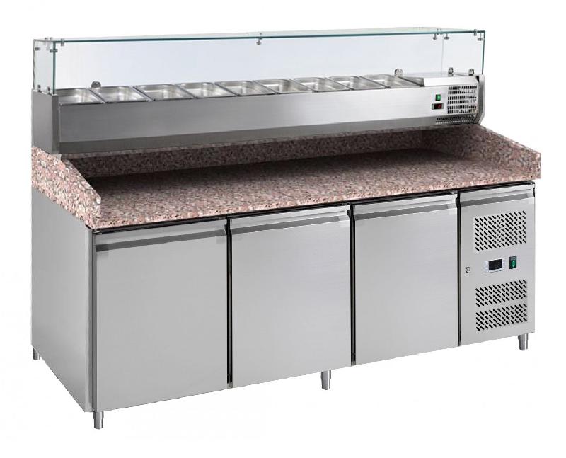 Table à pizza réfrigérée 3 portes + plan de travail en granit + vitrine à ingrédients 9 x gn 1/3 - gaz écologique r290_0