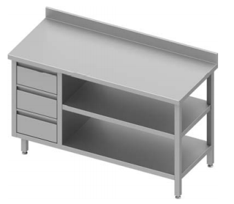 Table inox de travail adossée avec trois tiroirs  à gauche et deux étagères 1400x600x900 - 930406140_0