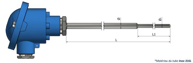 Thermocouple avec tête de raccordement - Embout rétreint - Type K, N, J, T, E, R, S, B_0