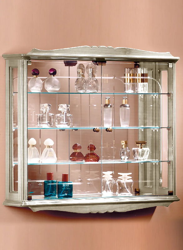 Vitrine murale bois DV45VA - Laqué crème cérusé - 3 étagères réglables - Fond miroir_0