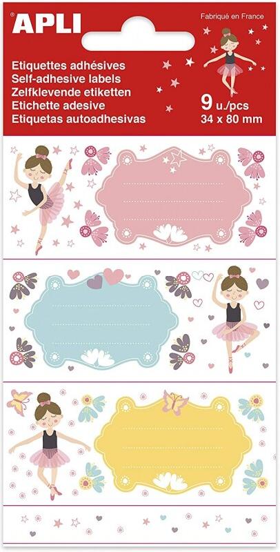 Apli Lot de 5 Pochette de 9 étiquettes scolaires fantaisies, format 36 x 81 mm, thème Danseuses - 8410782184379_0