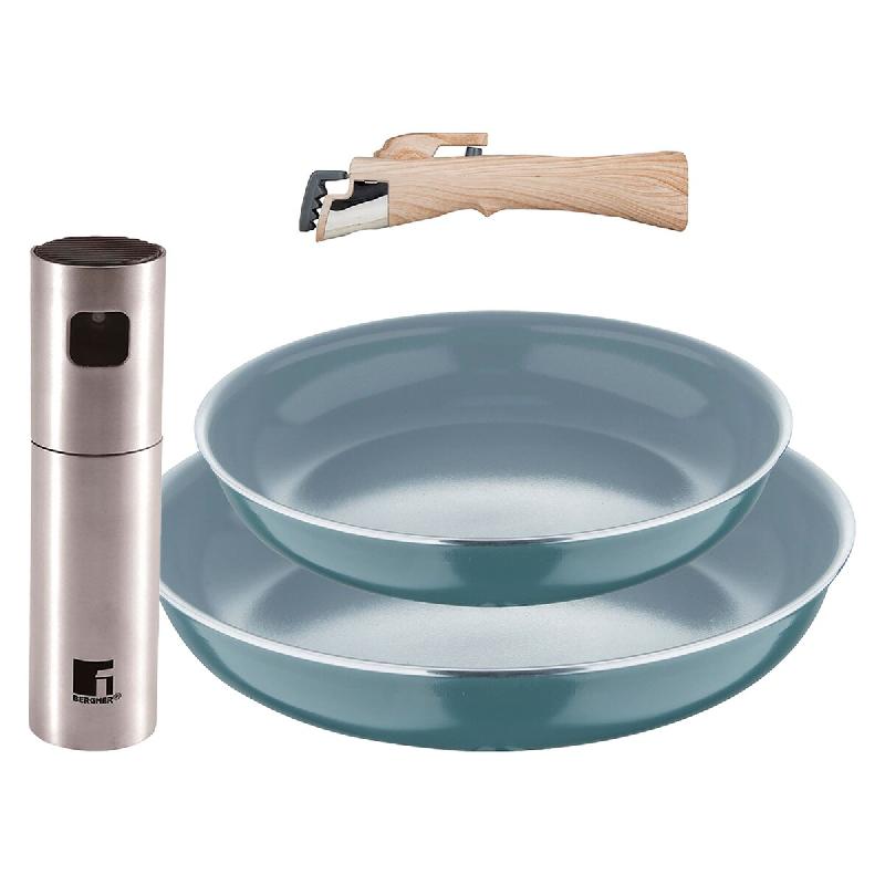BERGNER - Jeu de 2 Poêles Ø24/28 cm en Aluminium Embouti Recyclé Vert avec Manche Amovible et Vaporisateur d'Huile/Vinaigre en Acier Inoxydable - P_0