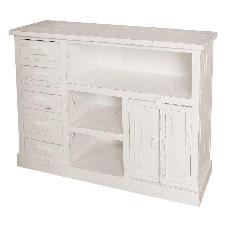 Comptoir Héritage L119xP39xH90cm - top zinc amovible - blanc patiné - 5 tiroirs et étagères_0