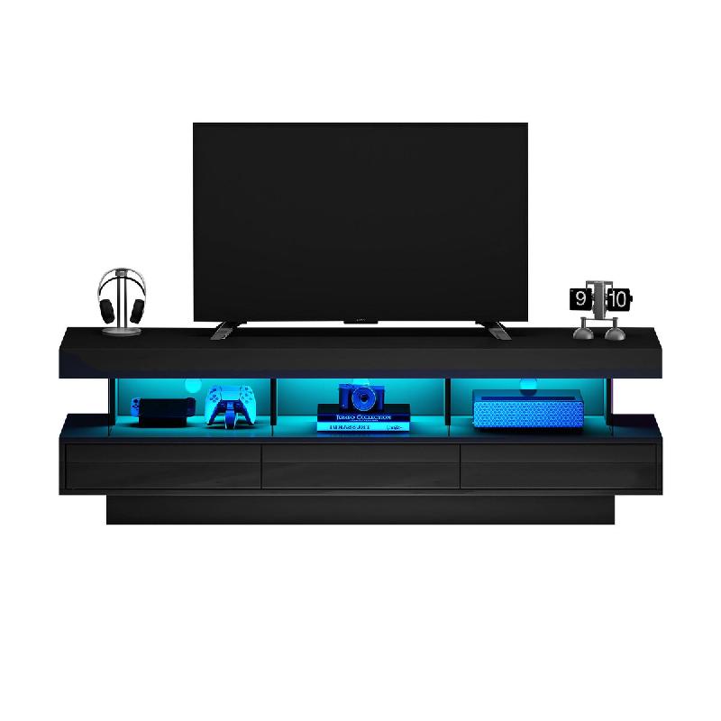 Meuble TV Merax 160 cm noir brillant avec 3 étagères en verre, éclairage LED, contrôle par application, connectivité Bluetooth pour téléviseurs_0