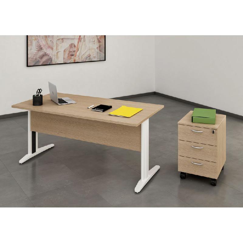 PACK PRONTO PRESTIGE - 1 BUREAU - 140 CM - CHENE - PIEDS BLANCS  - 1 CAISSON - 3 TIROIRS