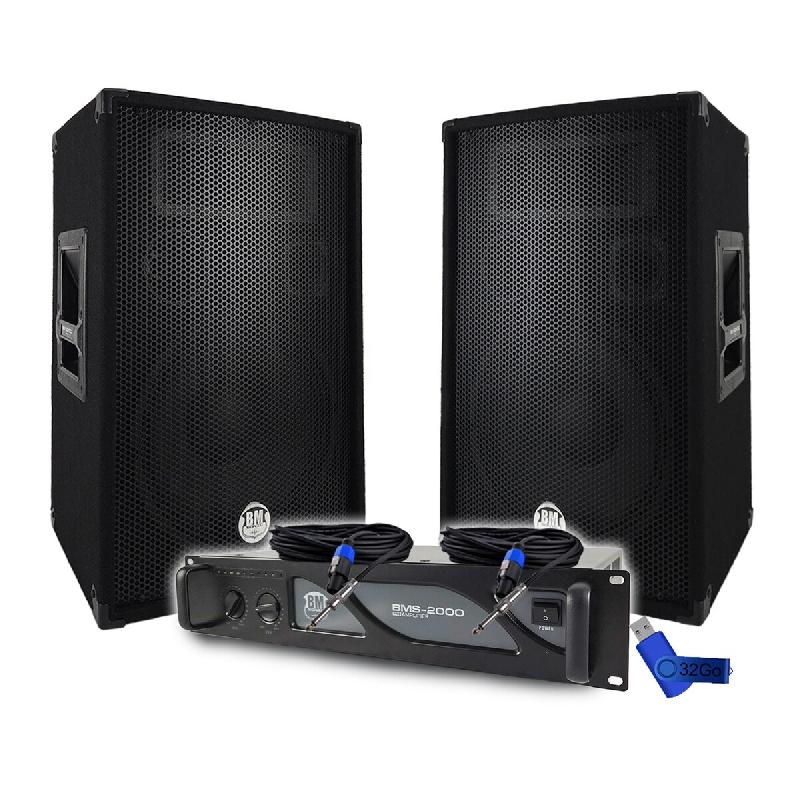 Pack Sono DJ BM SONIC Amplificateur BMS2000 2000W, Paire d'Enceintes Passives BMS12 2x600W, Câbles, Sonorisation PRO+Clé 32G - 3666638038210_0