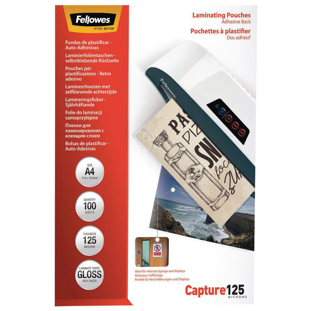 POCHETTES DE PLASTIFICATION FELLOWES A4 DOS ADHESIF - EPAISSEUR : 125 MICRONS PAR FACE - BOÎTE DE 100