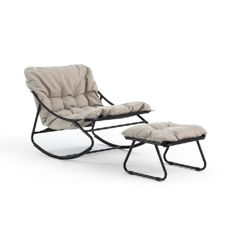 RATTATAN Fauteuil à bascule avec repose-pieds en acier et tissu avec coussins rembourrés, design moderne, jardins couverts, terrasse, salon – Adel_0