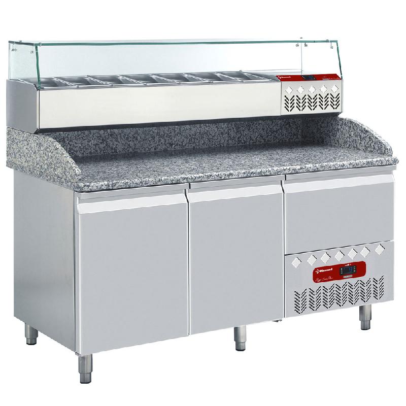 Table à pizza réfrigérée tropicalisé 2 portes 600x400 un tiroir + saladette à ingrédient - TP23/P9_SX160G/PP9_0
