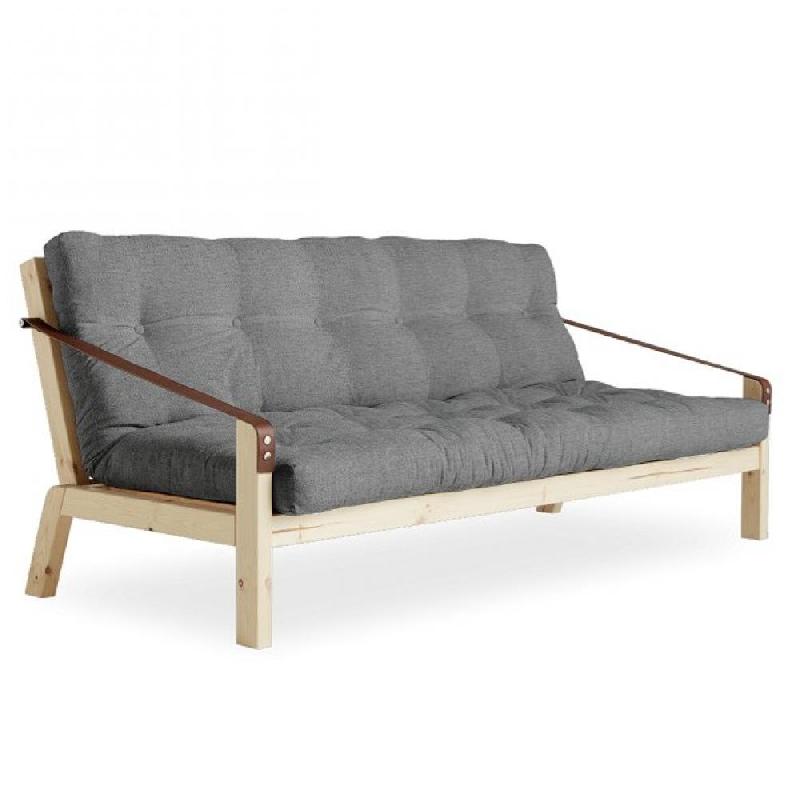 Banquette futon POETRY en pin massif - Coloris gris granit - Couchage 130 x 190 cm - Accoudoirs en cuir_0