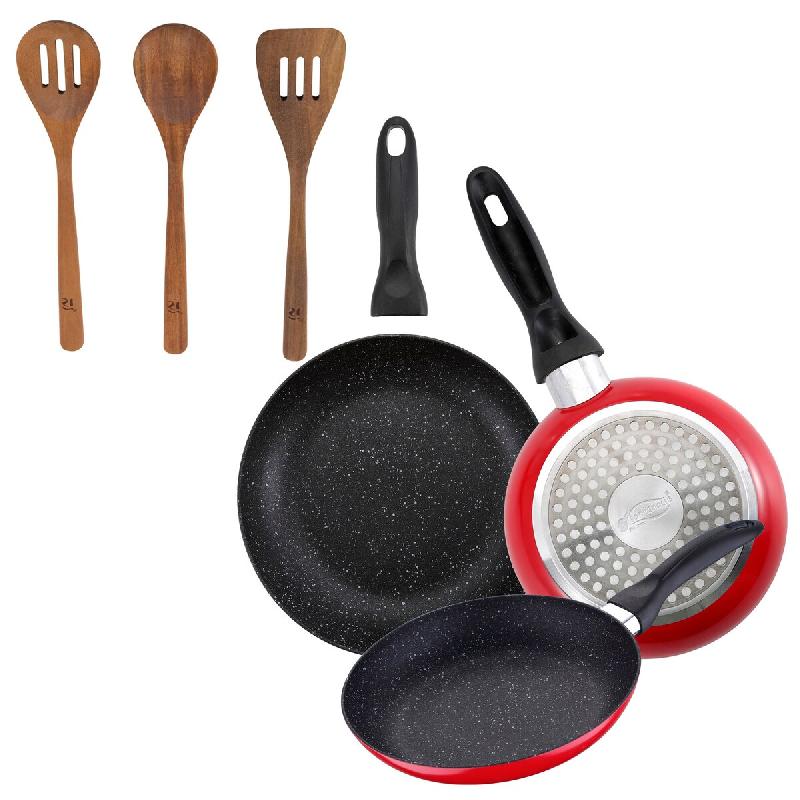 BERGNER - Jeu de 3 poêles avec revêtement en marbre Ø16/Ø20/Ø24 cm avec set 3 pièces d'ustensiles de cuisine en bois d'acacia - PK9176_0