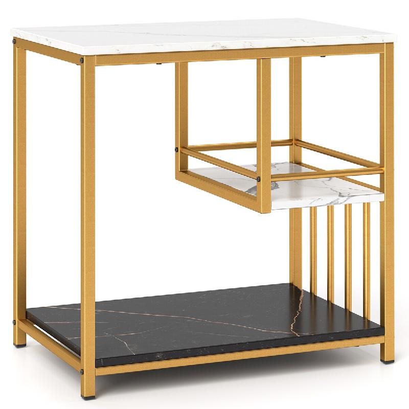 COSTWAY Table d’appoint 3 niveaux aspect marbre, table basse cadre métal doré, table décorative moderne, blanc‑noir, 60 x 40 x 60,5 cm - blanc_0