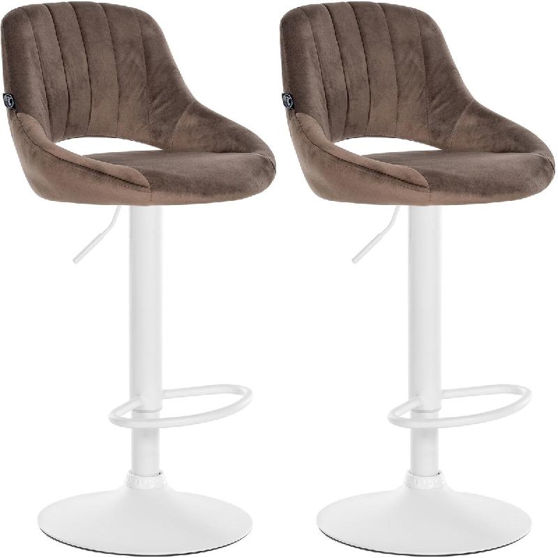 Décoshop26 - Lot de 2 tabourets de bar réglables en velours marron dossier ajouré et pied métal blanc 10_0005586 - marron métal 3000265102607_0