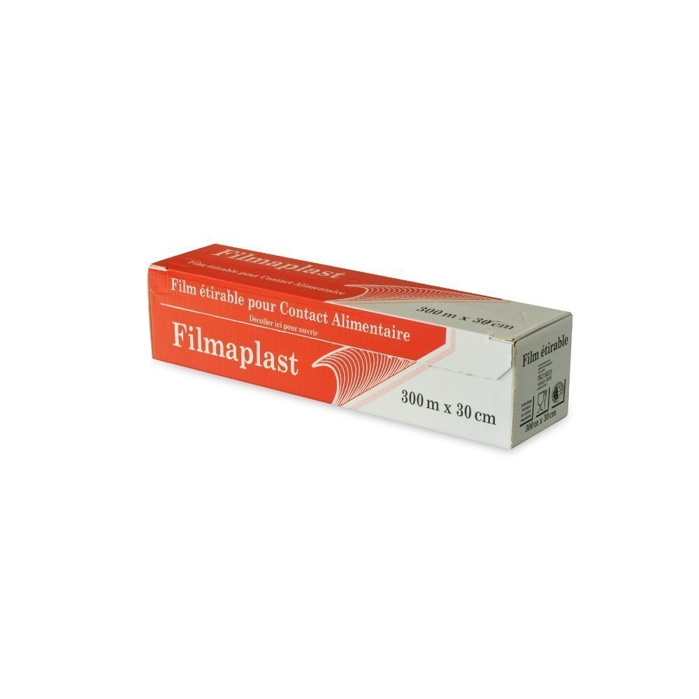 Film étirable alimentaire transparent en PVC professionnel - 30 cm x 300 m - boîte distributrice avec coupe-film_0