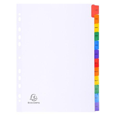 LOT DE 2 - INTERCALAIRE A4 CARTE BRISTOL BLANC EXACOMPTA 12 ONGLETS MENSUELS MULTICOLORES - 1 JEU