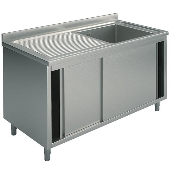 Plonge inox sur armoire, 1 bac, égouttoir à gauche, avec portes coulissantes, 1500x700 mm - SLA1GS1507_0