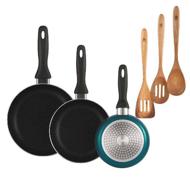 BERGNER - Set de 3 poêles Ø16/20/24cm en aluminium pressé Bleu métallisé avec set de 3 ustensiles de cuisine 32,8x33x7x1,4cm Xmart - PK9838_0