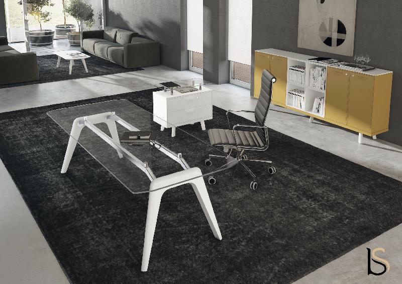 Bureau de Direction Rail en verre - Bralco. - 200, Verre transparent, Chêne blanc_0