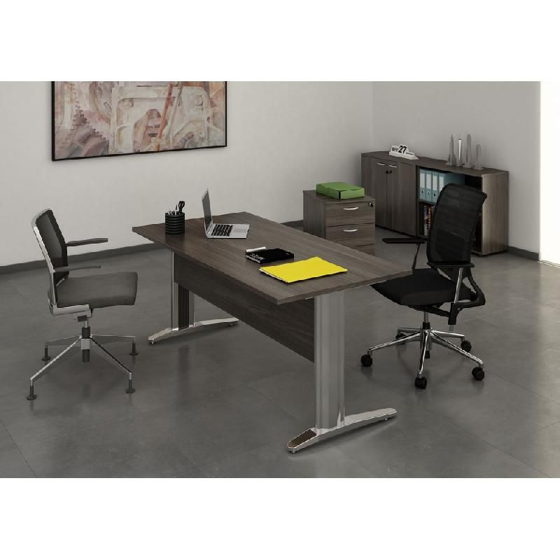 BUREAU DROIT PRONTO PRESTIGE - L.140 X P.80 CM - PLATEAU CENDRE - PIEDS L CHROME