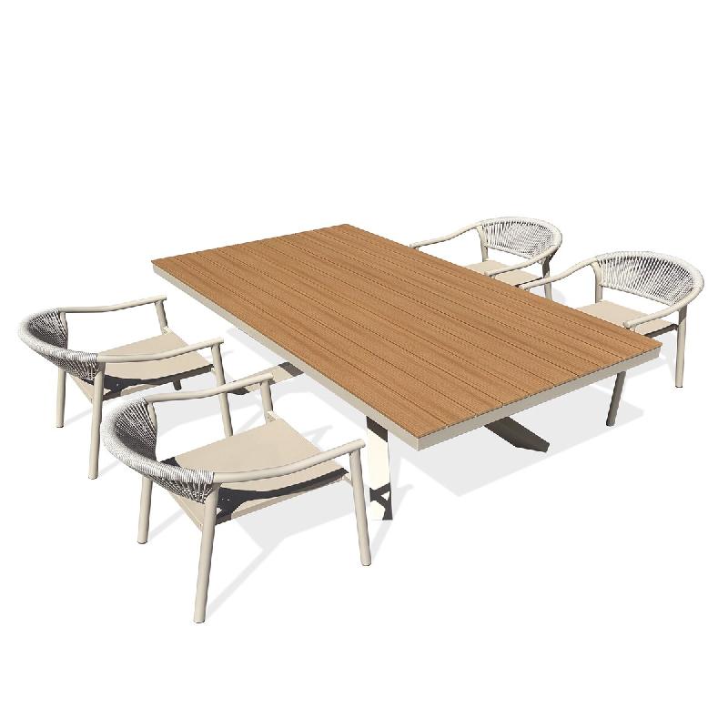 DCB GARDEN Ensemble repas de jardin 4 places en aluminium de coloris grège avec plateau en polywood effet bois (180X100 cm) - LAMU - 3700286491598_0